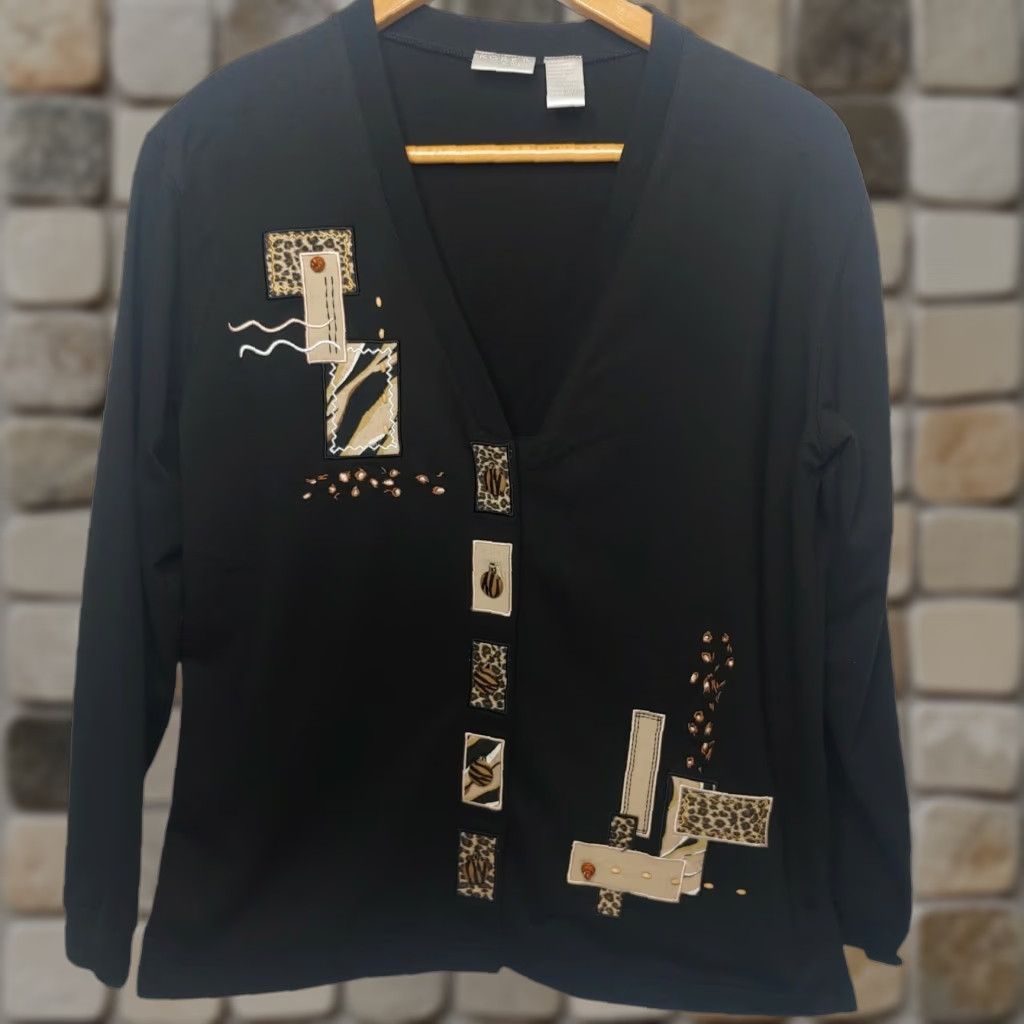 Vintage VINTAGE Koret K-Wear Cardigan Knit Shirt Beaded Leopard Animal Print Black Long Sleeve V-Neck Women's M Retro Knitwear Fashion Cardigan Size M / US 6-8 / IT 42-44 - 1 Thumbnail