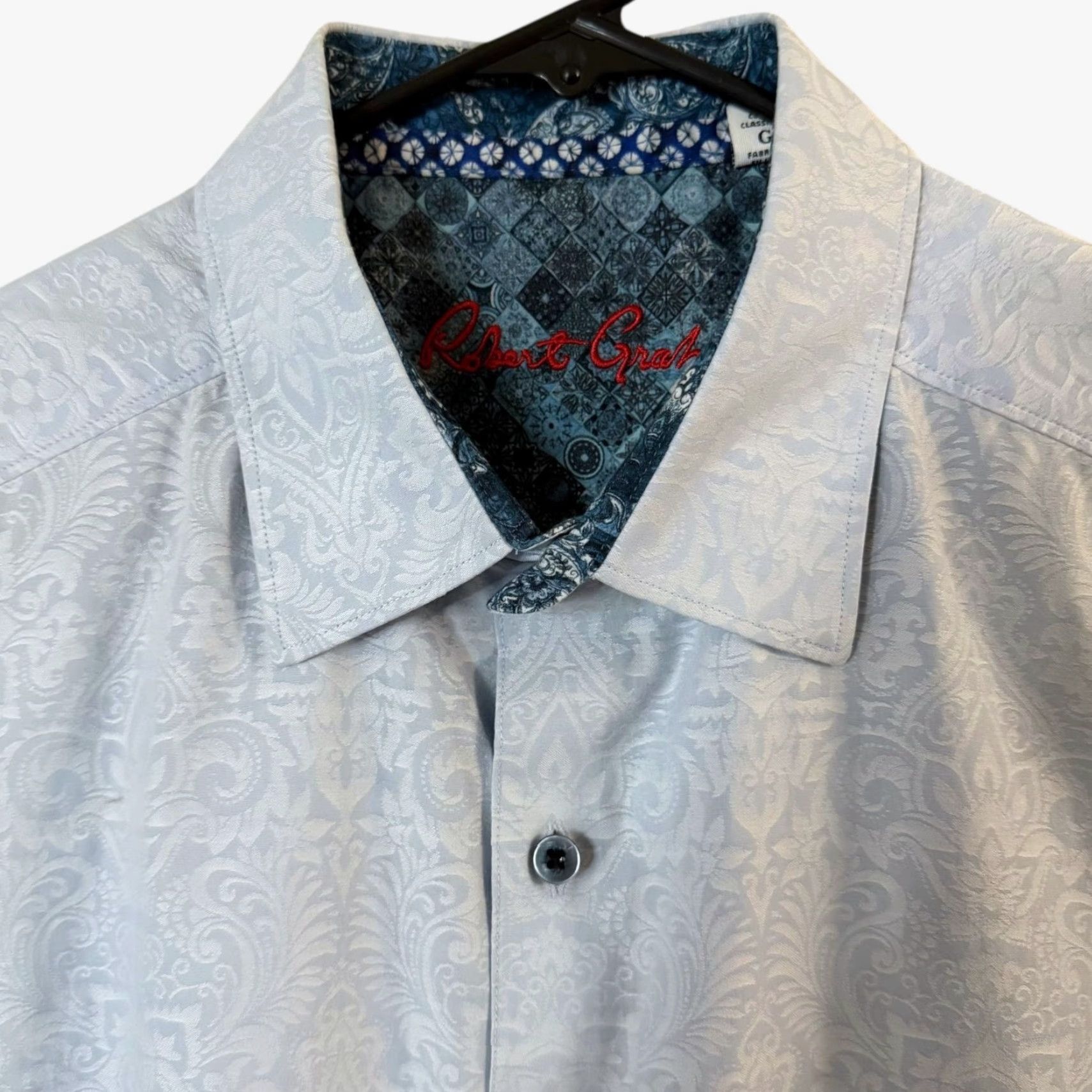 Robert Graham Robert Graham Shirt Blue Men's Large Jacquard Short-Sleeve Button-Up 100% Cotton Size US L / EU 52-54 / 3 - 5 Thumbnail
