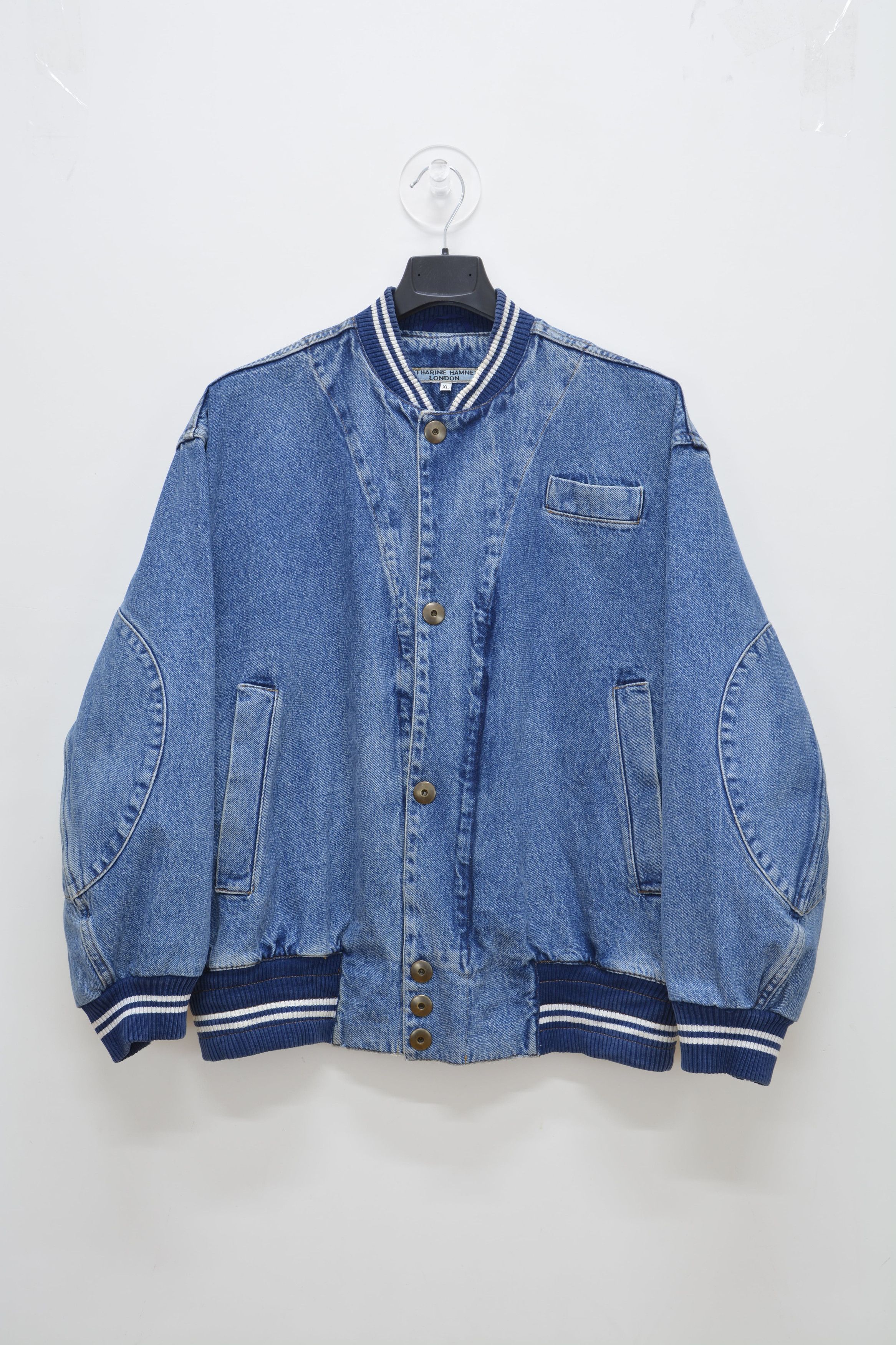 image of Katharine Hamnett London 80's Hamnett Denim Bomber Jacket With Hidden Pockets in Blue (Size XL)