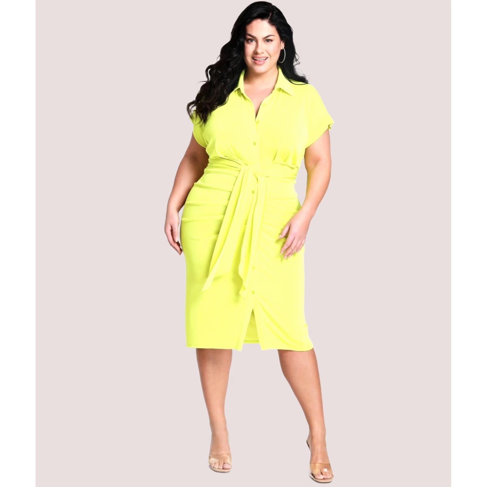 Vintage Nina Parker Womens Plus Size 3X Yellow Ruched Tie Front Shirt Dress Size XXL / US 16-18 / IT 52-54 - 1 Preview