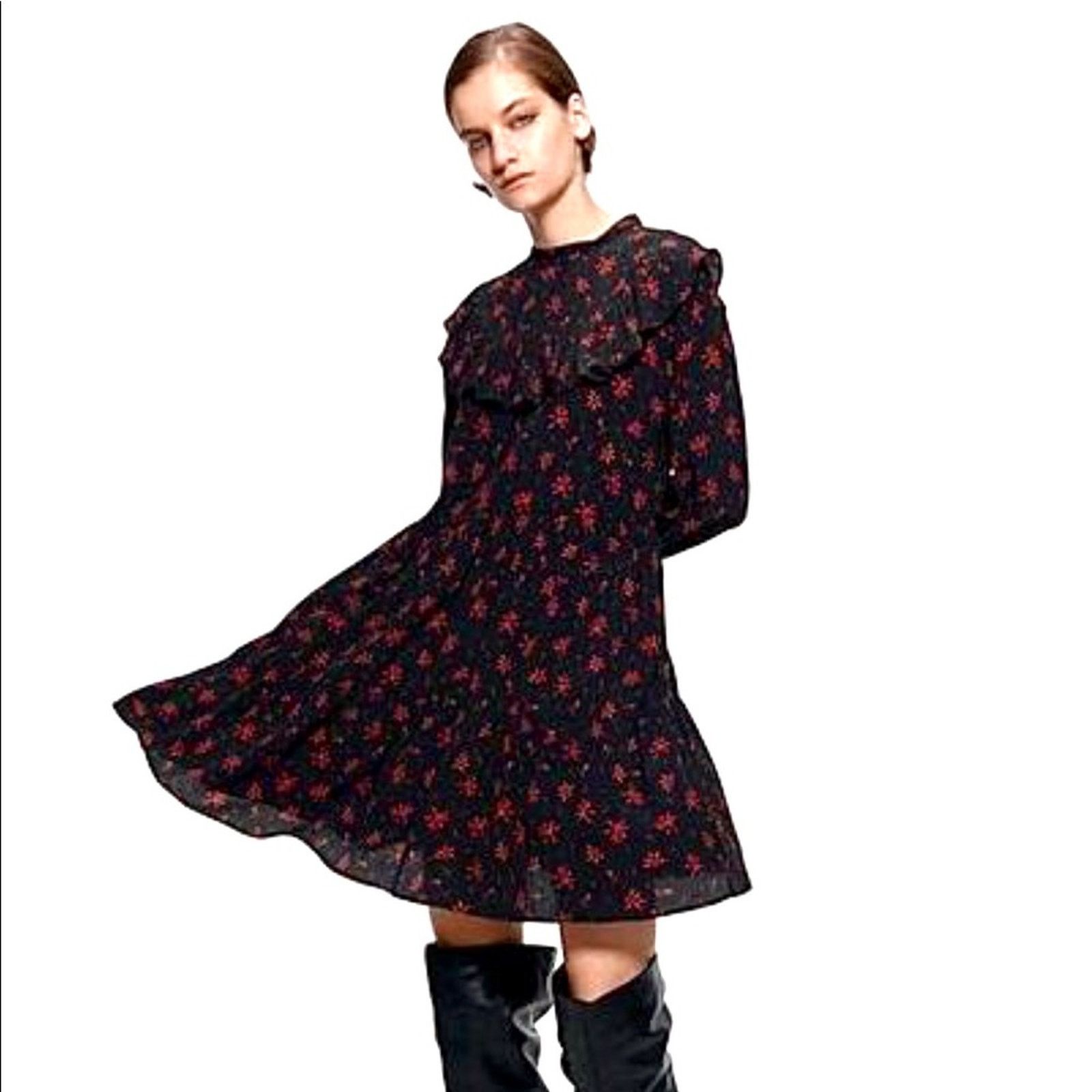 Zara Zara black ruffle mini dress with red floral print sz Small Size S / US 4 / IT 40 - 6 Thumbnail