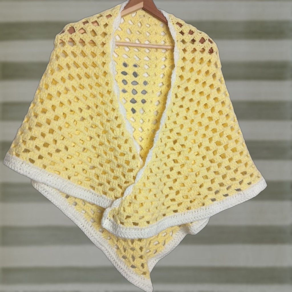 Vintage VINTAGE Shawl Wrap Women Teen Small Yellow Crochet Handmade Cottagecore Granny 35" x 59" Scalloped Edge Winter Spring Fall Easter Handmade USA Size ONE SIZE - 1 Thumbnail