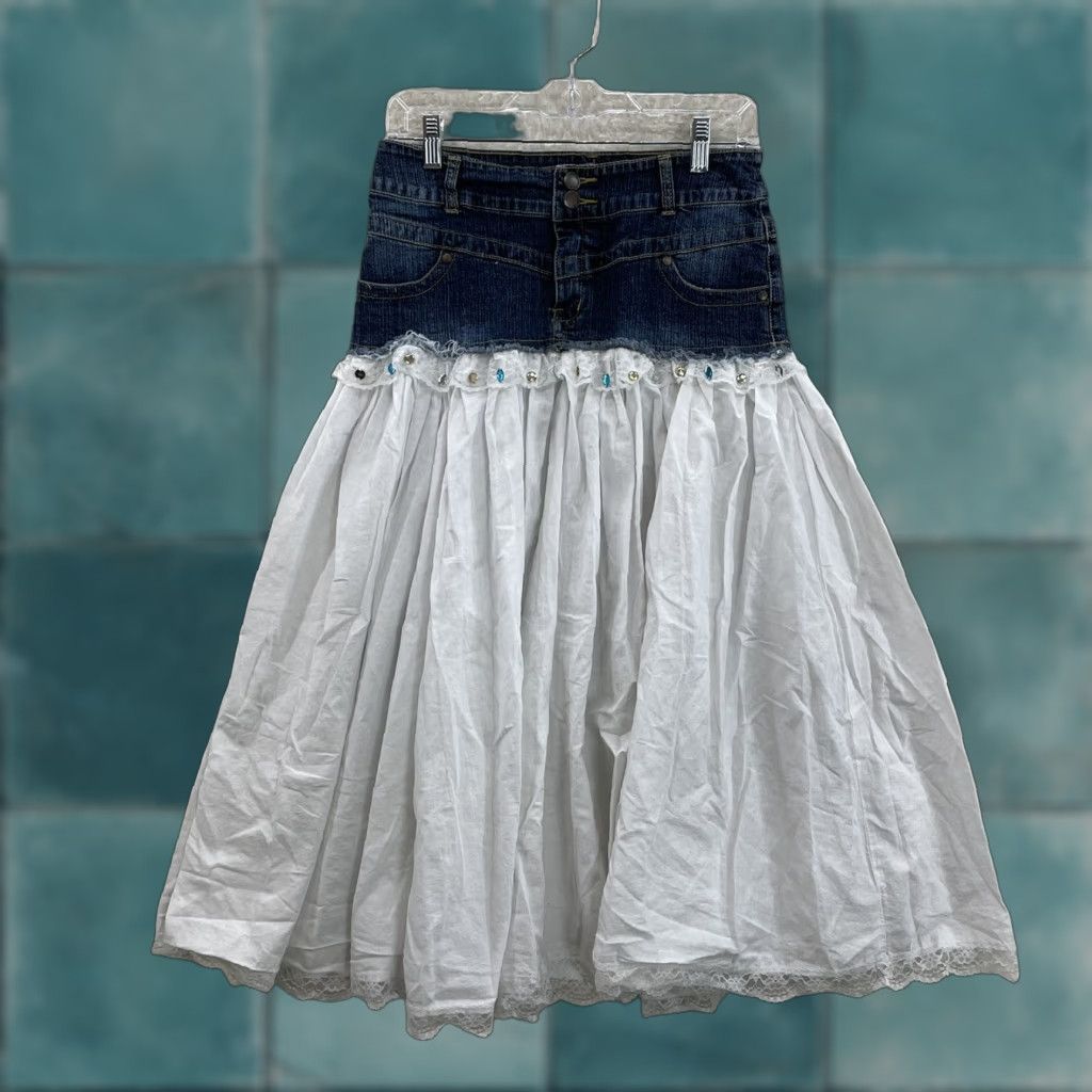 Denime VINTAGE Y2K Prairie Midi Skirt Denim White Cottagecore Coquette Fairy Women S 4 6 Small Size 27" / US 4 / IT 40 - 1 Thumbnail