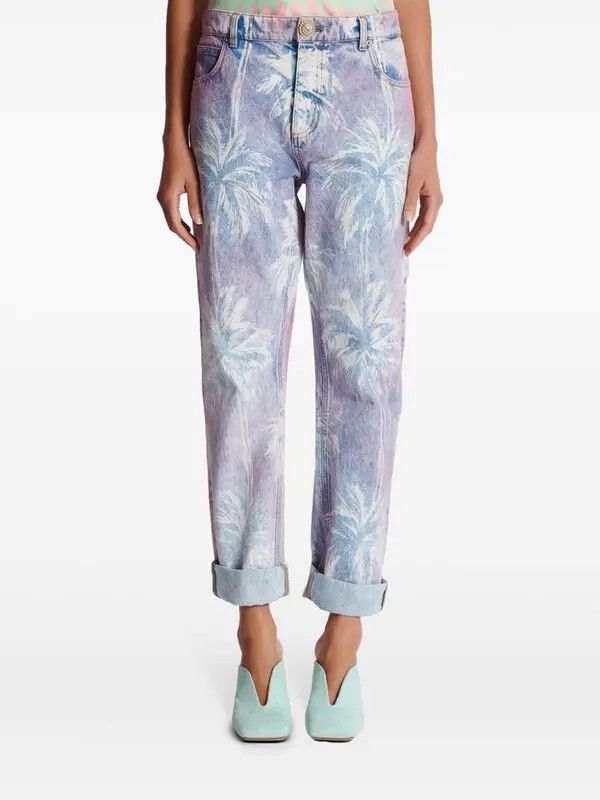 Balmain o1s1wg110825 Palm Tree Print Jeans in Blue Size 28" / US 6 / IT 42 - 6 Thumbnail