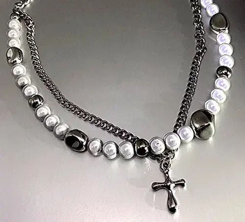 VIBE Punk Hippie Crucifix Cross Patchwork Pearl Layer Necklace Size ONE SIZE - 4 Thumbnail