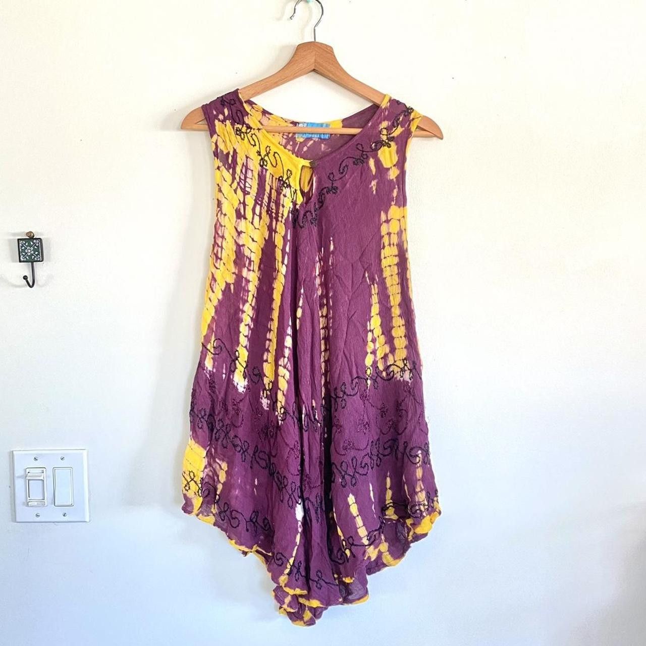 Vintage BOHEMIAN TIE DYE SUNFLOWER GOLD BURGUNDY DRESS MINI FLOWY Size ONE SIZE - 2 Thumbnail