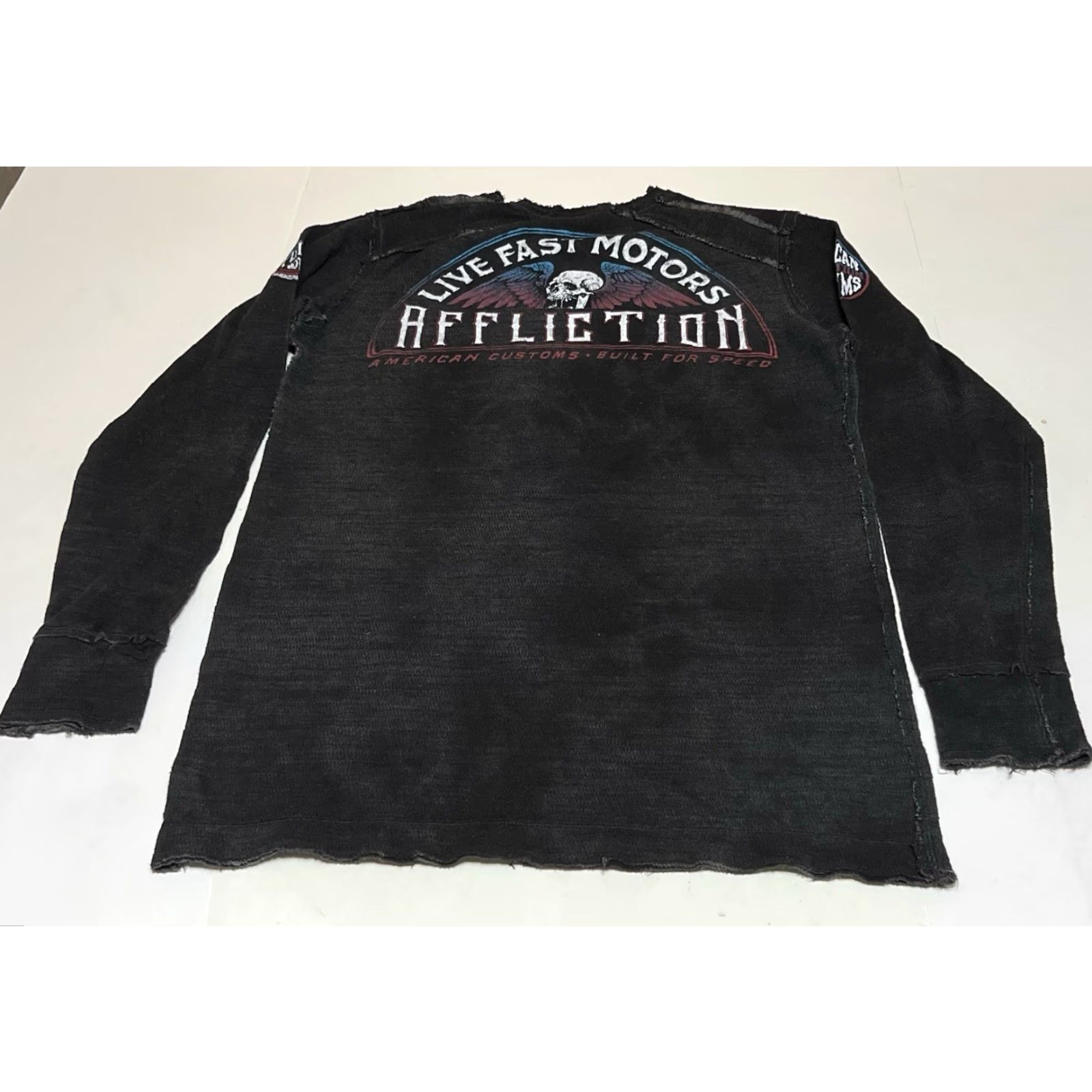 VINTAGE Affliction Shirt Mens L Black Thermal Long Sleeve Reversible Distressed Y2K Graphic Print Skull Grunge Emo Goth T-Shirt Crew Neck