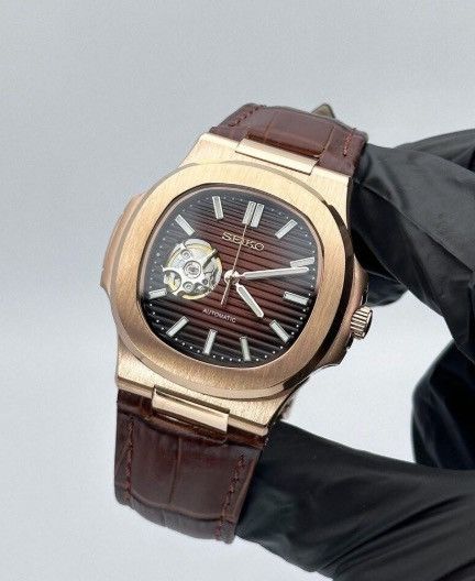 Japanese Brand Seiko Mod Nautilus Brown Open Dial Rose Watch Leather Strap Size ONE SIZE - 1 Thumbnail