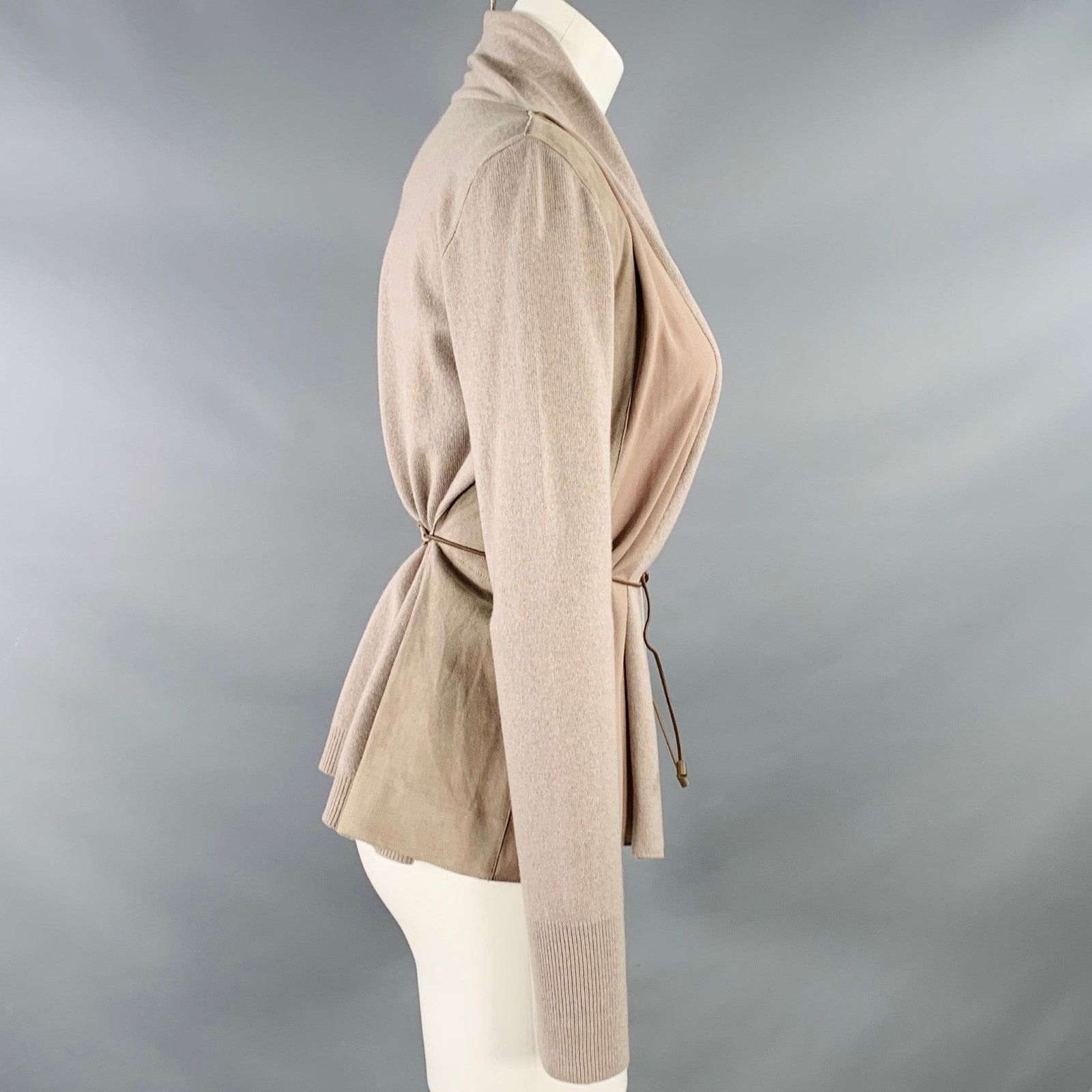 Fabiana Filippi Brown Taupe Virgin Wool Suede Mixed Fabrics Belted Cardigan Size S / US 4 / IT 40 - 2 Thumbnail