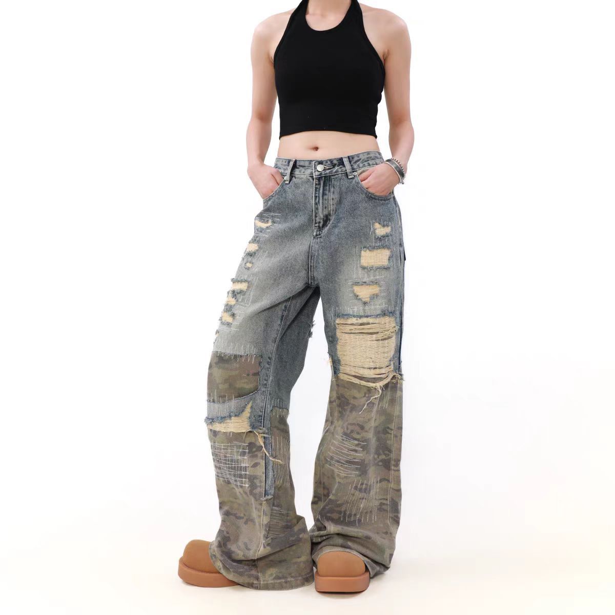 Japanese Brand × Jean Vintage patchwork camouflage ripped straight leg jeans Size US 30 / EU 46 - 4 Thumbnail