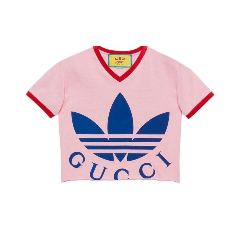 image of Gucci Adidas Cropped Pink Womens Short Sleeve T Shirt (Size Small)