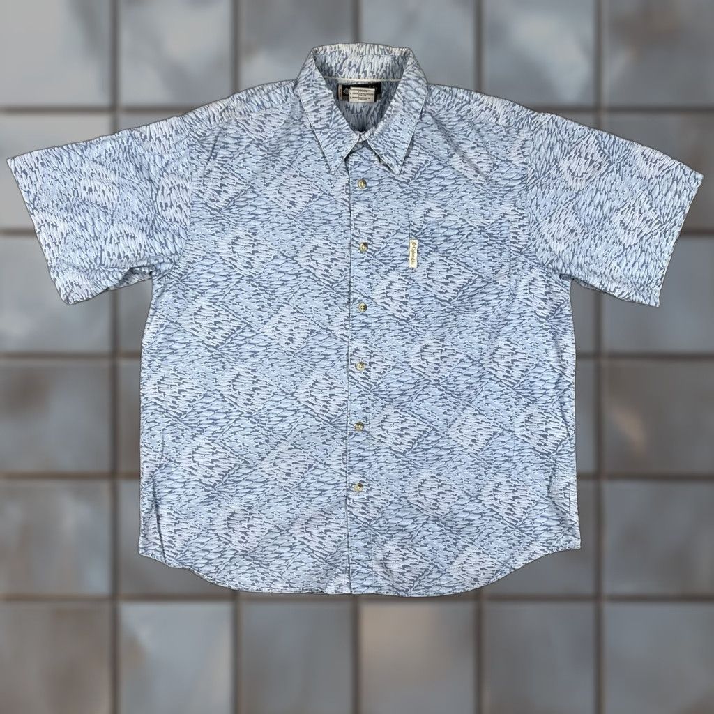 Vintage Columbia XCO Button Up Shirt Men’s Large Blue Fish All Over Print Casual Workwear Button-Down Collared Short Sleeve Pockets Cotton Vintage: No Size US L / EU 52-54 / 3 - 1 Thumbnail
