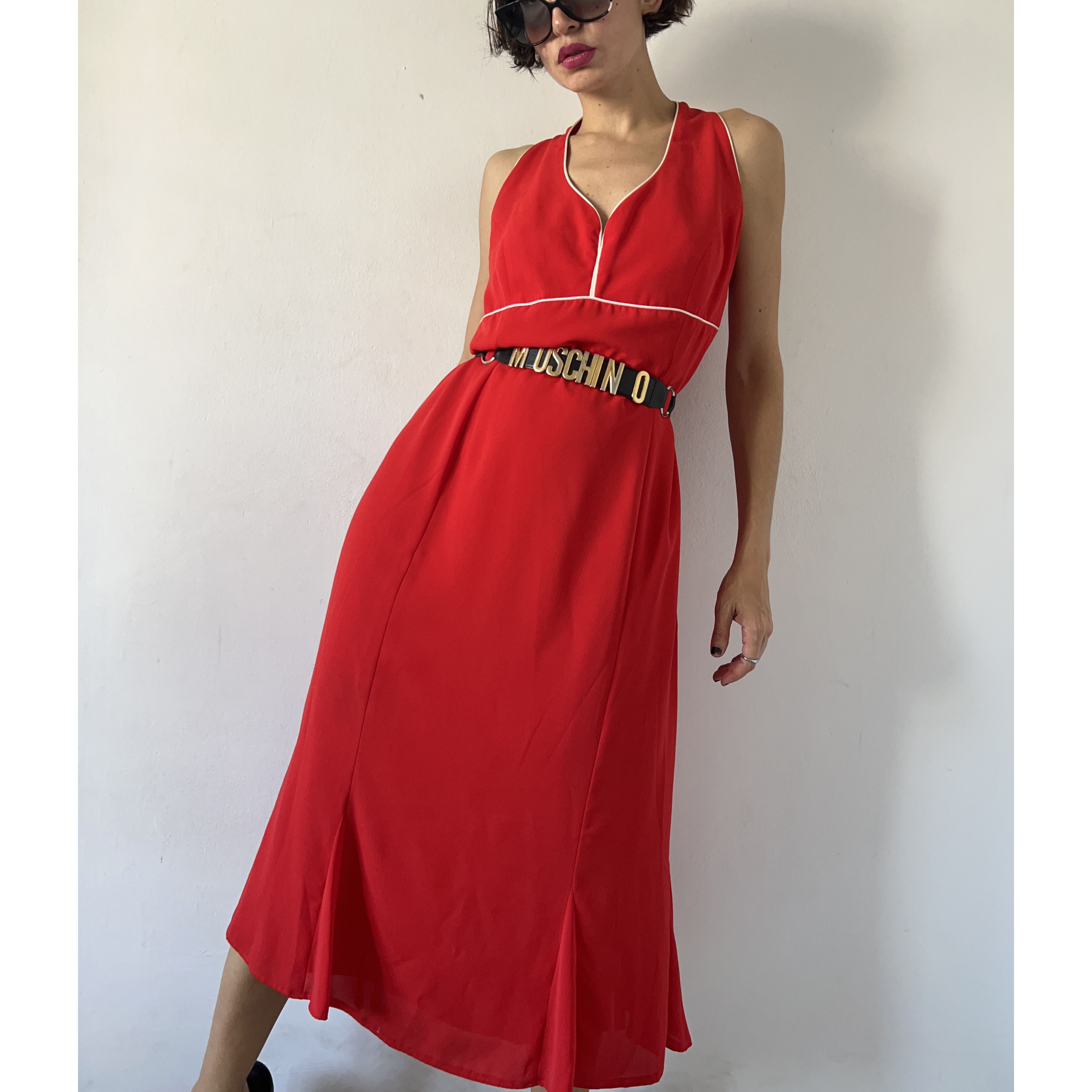Vintage 70s red halter maxi dress with white trim