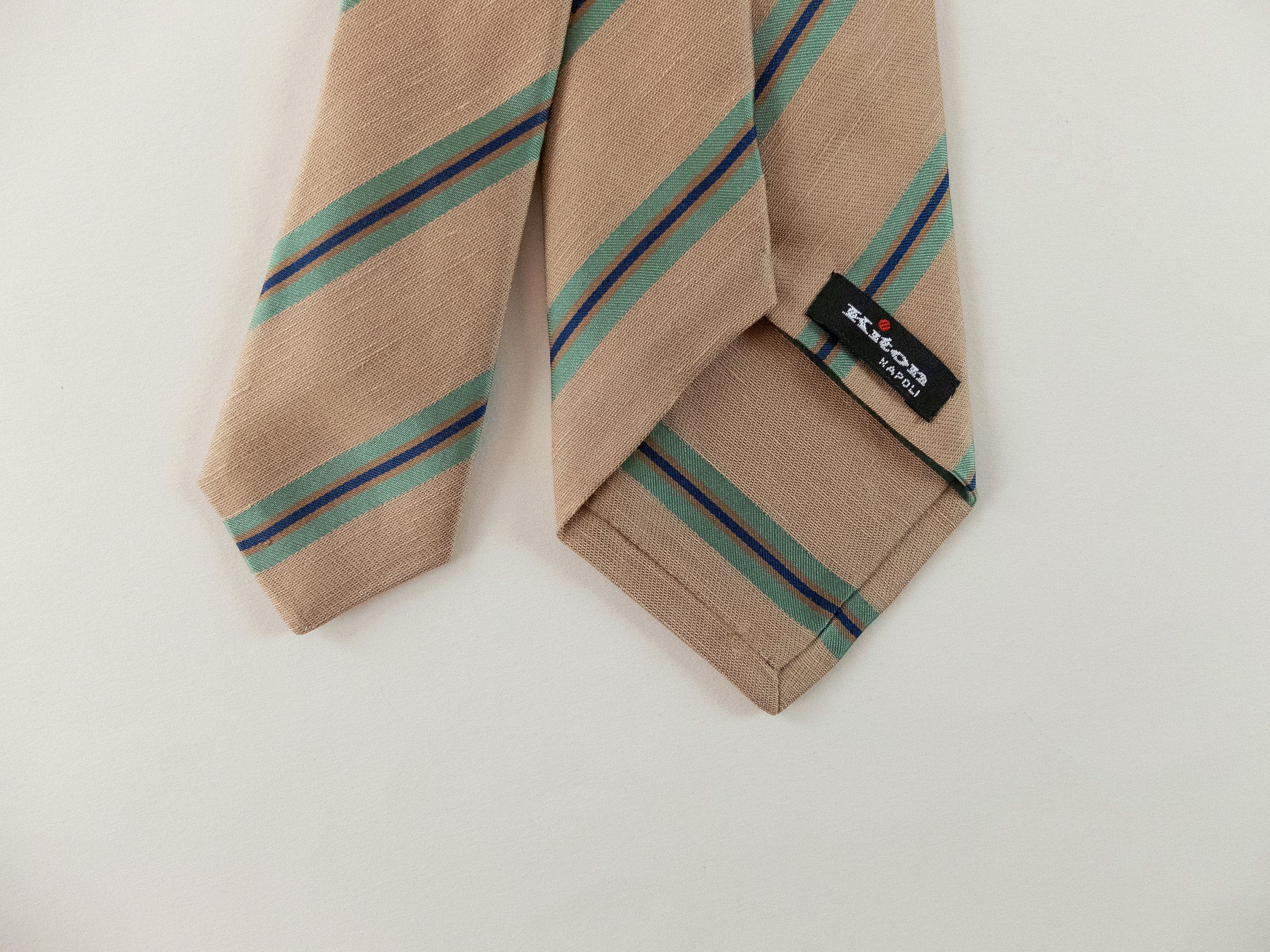 Kiton KITON Napoli hand made 7 fold beige striped silk linen tie Size ONE SIZE - 3 Thumbnail