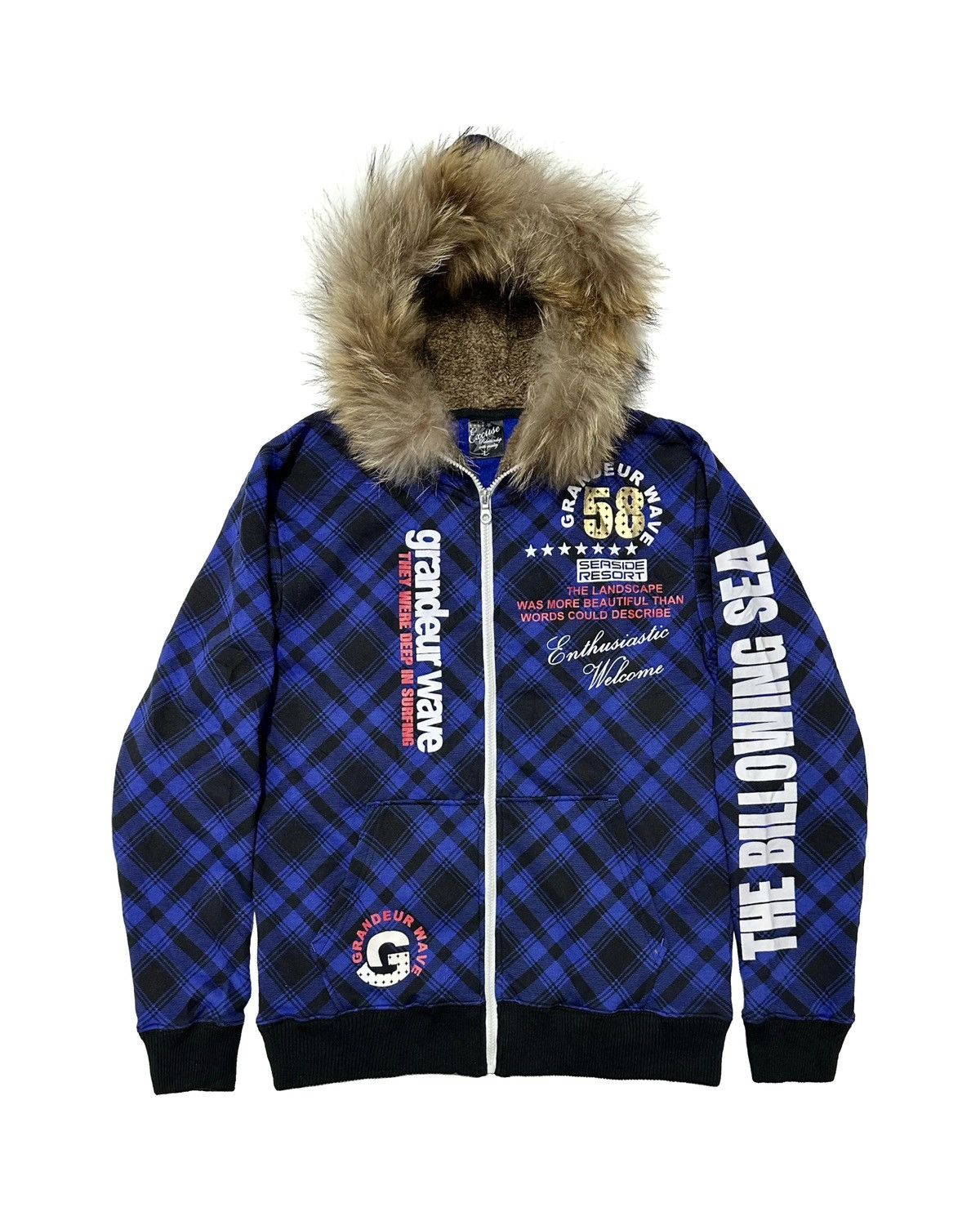 image of If Six Was Nine x Le Grande Bleu L G B Fur Hoodie Sherpa Excuse Plaid Blue Lgb Style (Size Large)