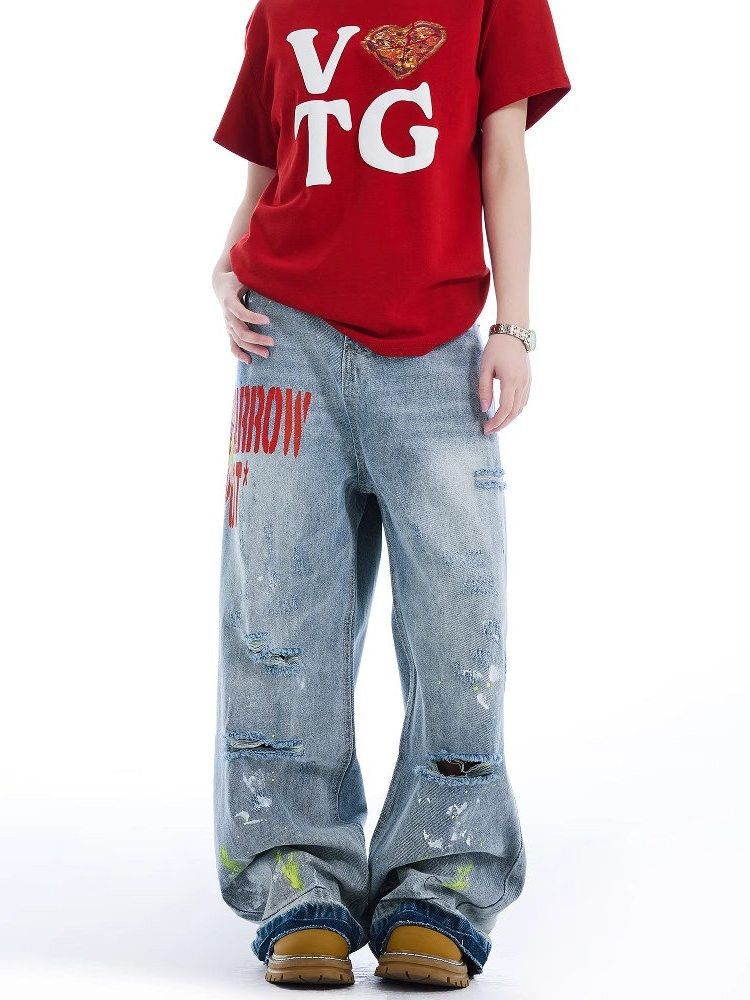Japanese Brand Men's American Retro Washed Printed Distressed Jeans Size US 32 / EU 48 - 2 Thumbnail