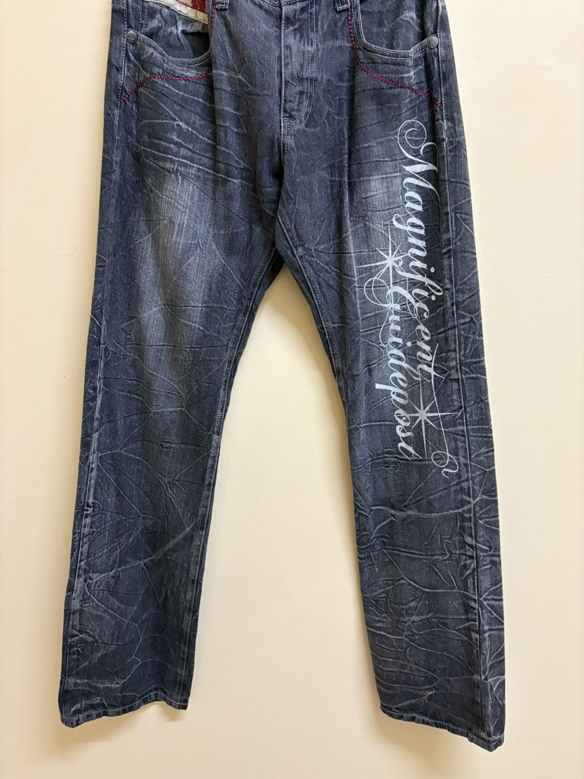 If Six Was Nine × Japanese Brand Vintage Y2k Jack Serika Poem Skull Printed Flared Jeans Size US 34 / EU 50 - 6 Thumbnail