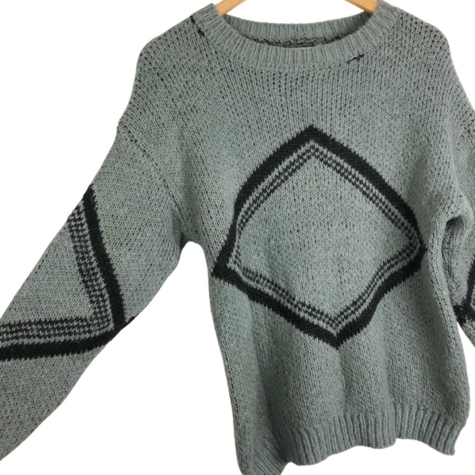 Other Handmade Knit Women’s Grey Geometric Retro Pullover Sweater Size L / US 10 / IT 46 - 6 Thumbnail