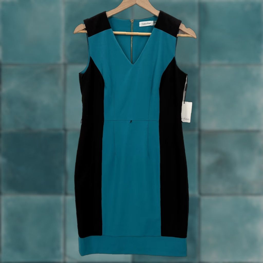 Calvin Klein Dress Womens 6P Colorblock Sleeveless V-Neck Sheath NWT Blue  Black 6P Petite Womens