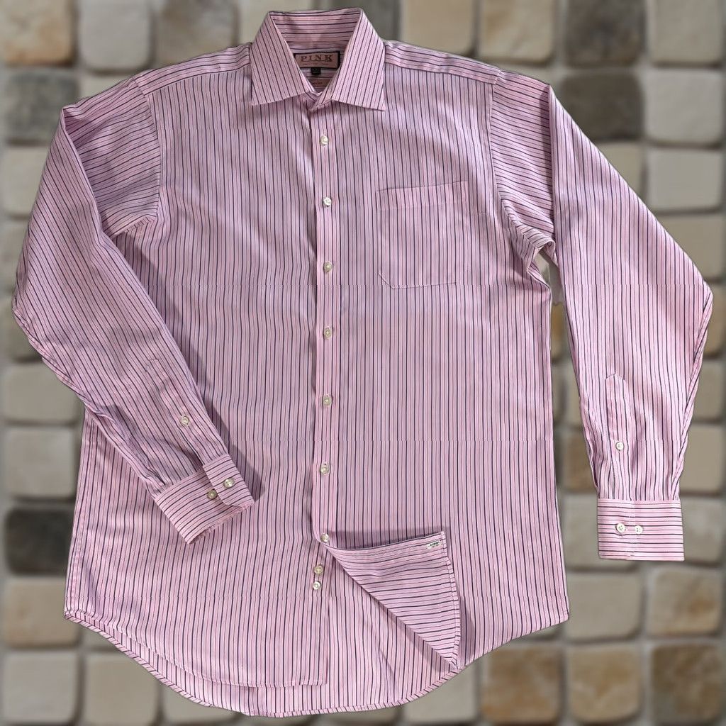Pinko Thomas Pink Traveller Shirt Men Striped Pink 16 Pink Dress Shirt Long Sleeve Button Collar 100% Cotton Travel Vintage Mens Size US L / EU 52-54 / 3 - 1 Thumbnail