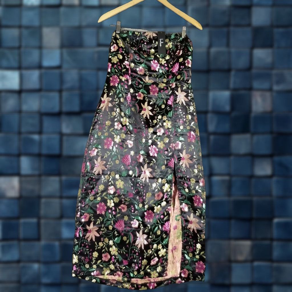 Lulus Make a Move Black Satin Floral Jacquard Strapless Midi Dress NWT Medium
