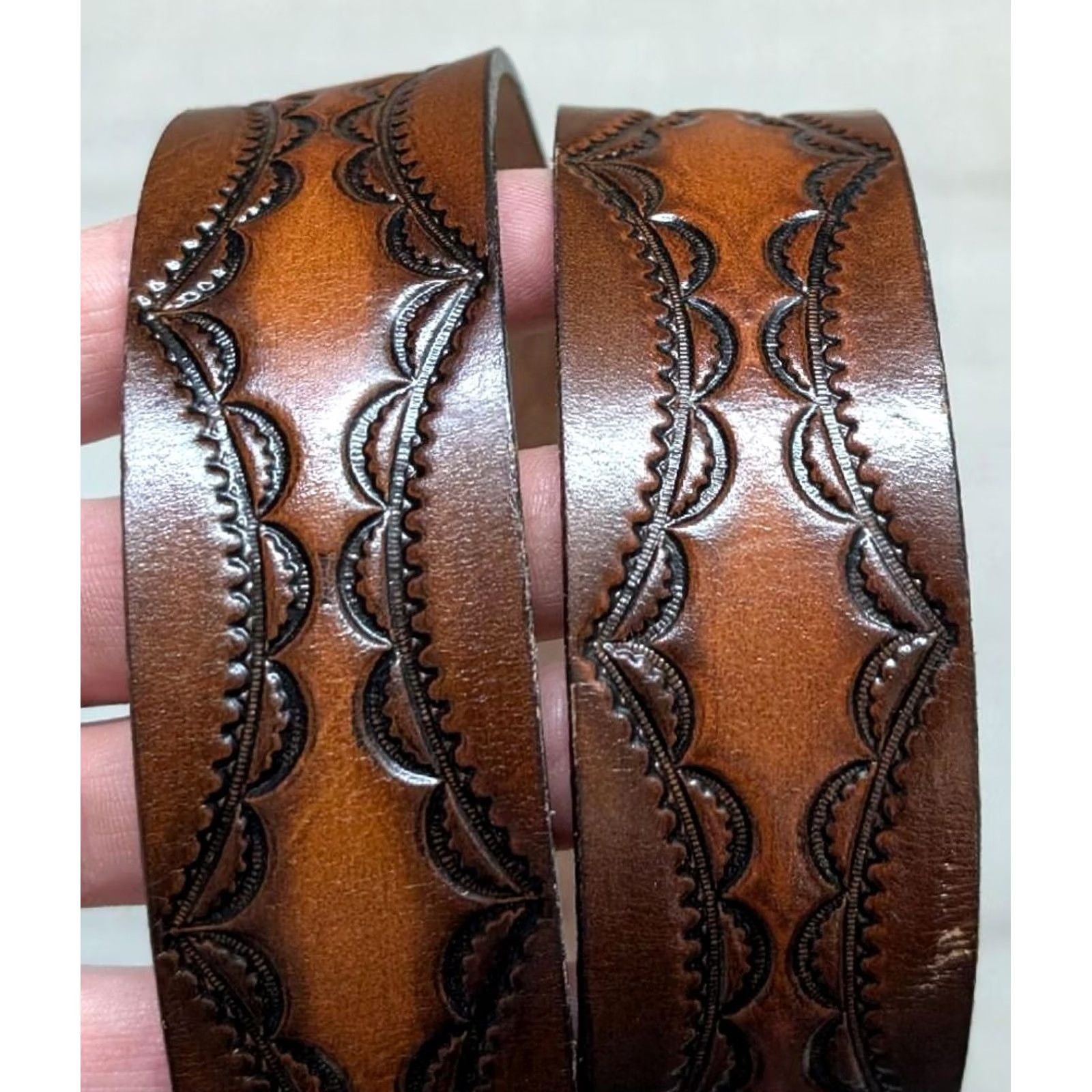 Vintage VINTAGE USA made TOOLED buckle belt western Geometric 38 brown Cowhide leather belt Mens Size 38 - 3 Thumbnail