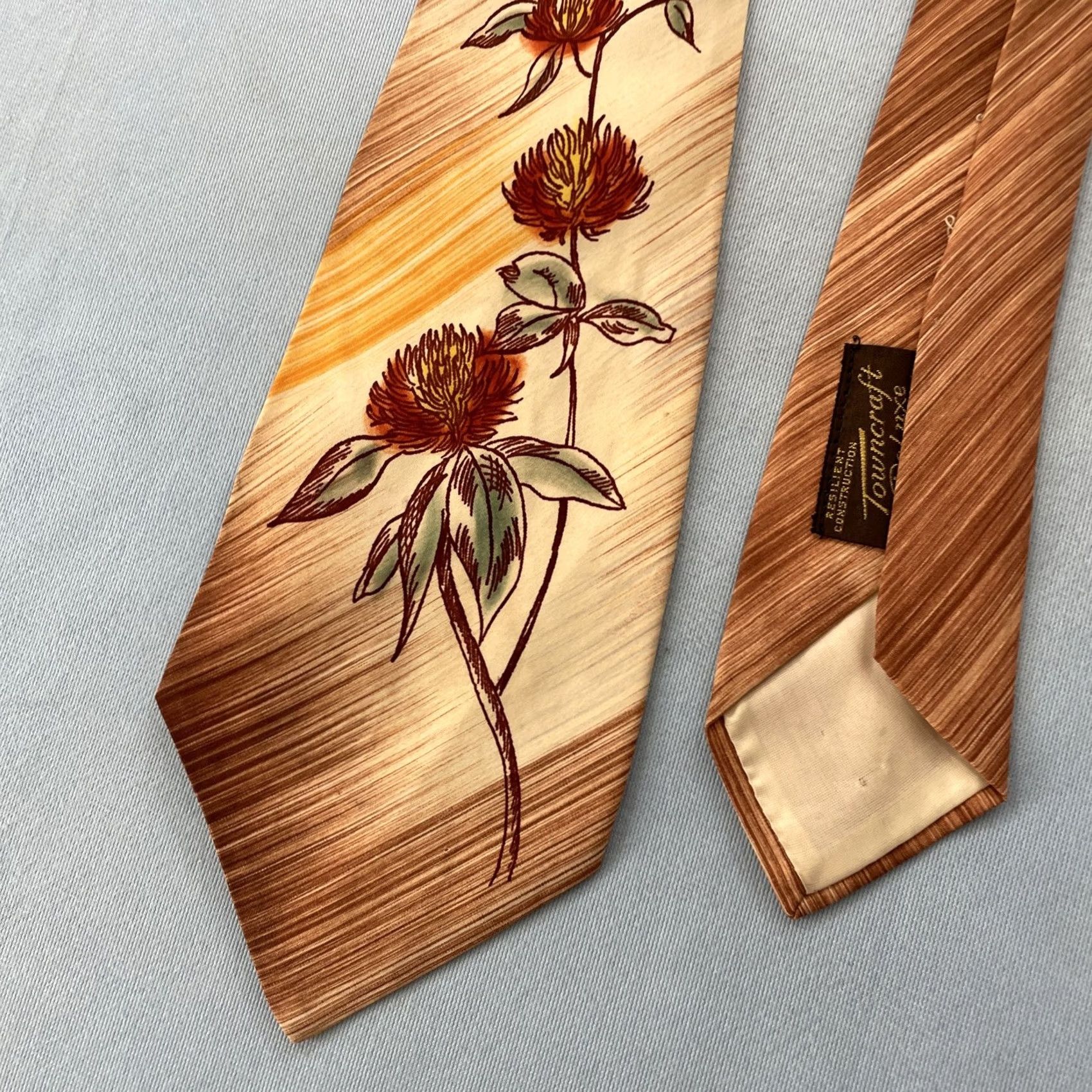 MCM Vtg Towncraft Delux Tie Floral Striped MCM Deco 4.2x51 Brown USA Hand Painted Neckwear Men’s One Size 101 Size ONE SIZE - 2 Thumbnail