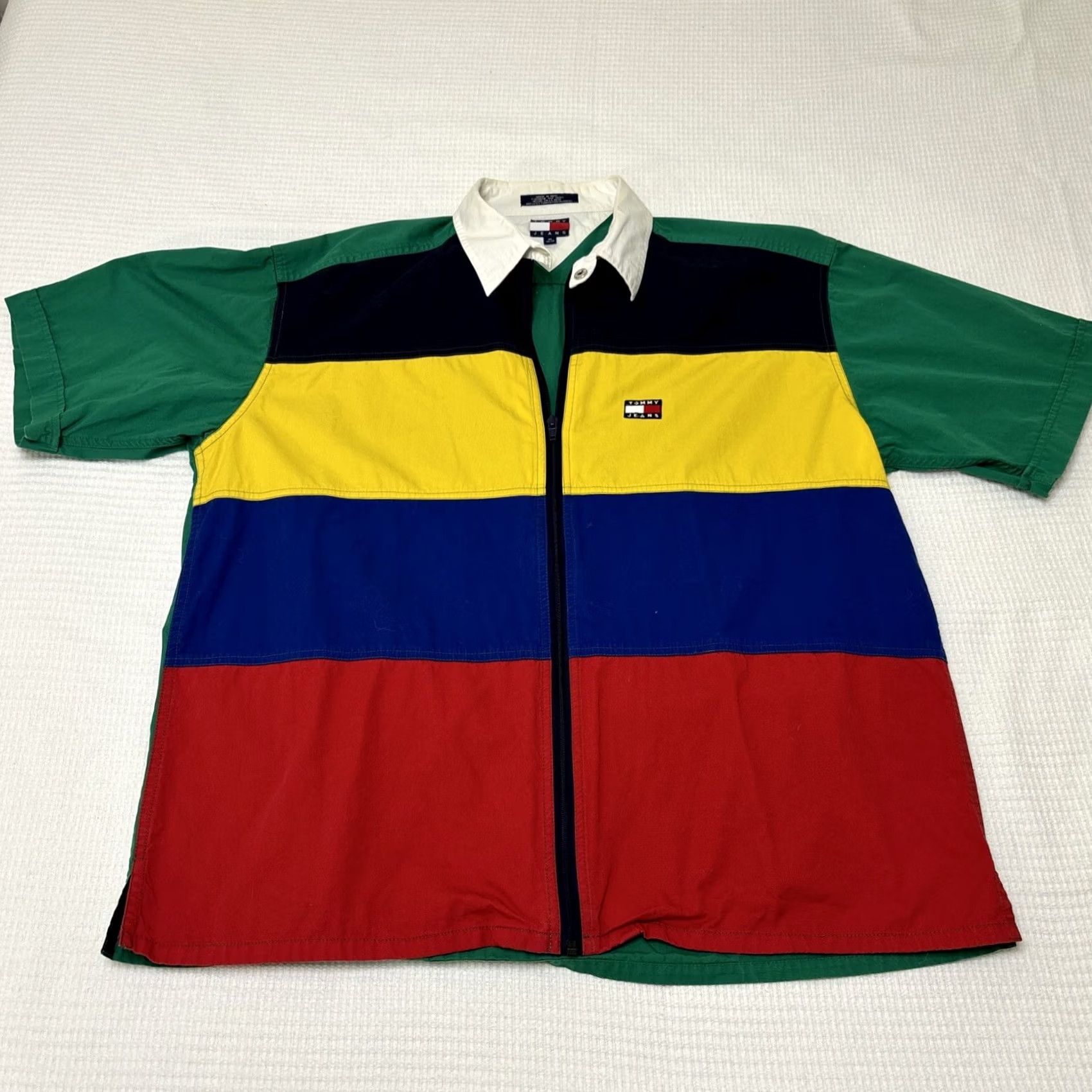 Spell VINTAGE Tommy Jeans Shirt Full-Zip Striped Spell Out Flag Patch XL Men Red Blue Yellow Green Black 90s Hilfiger Hip Hop Size US XL / EU 56 / 4 - 2 Thumbnail