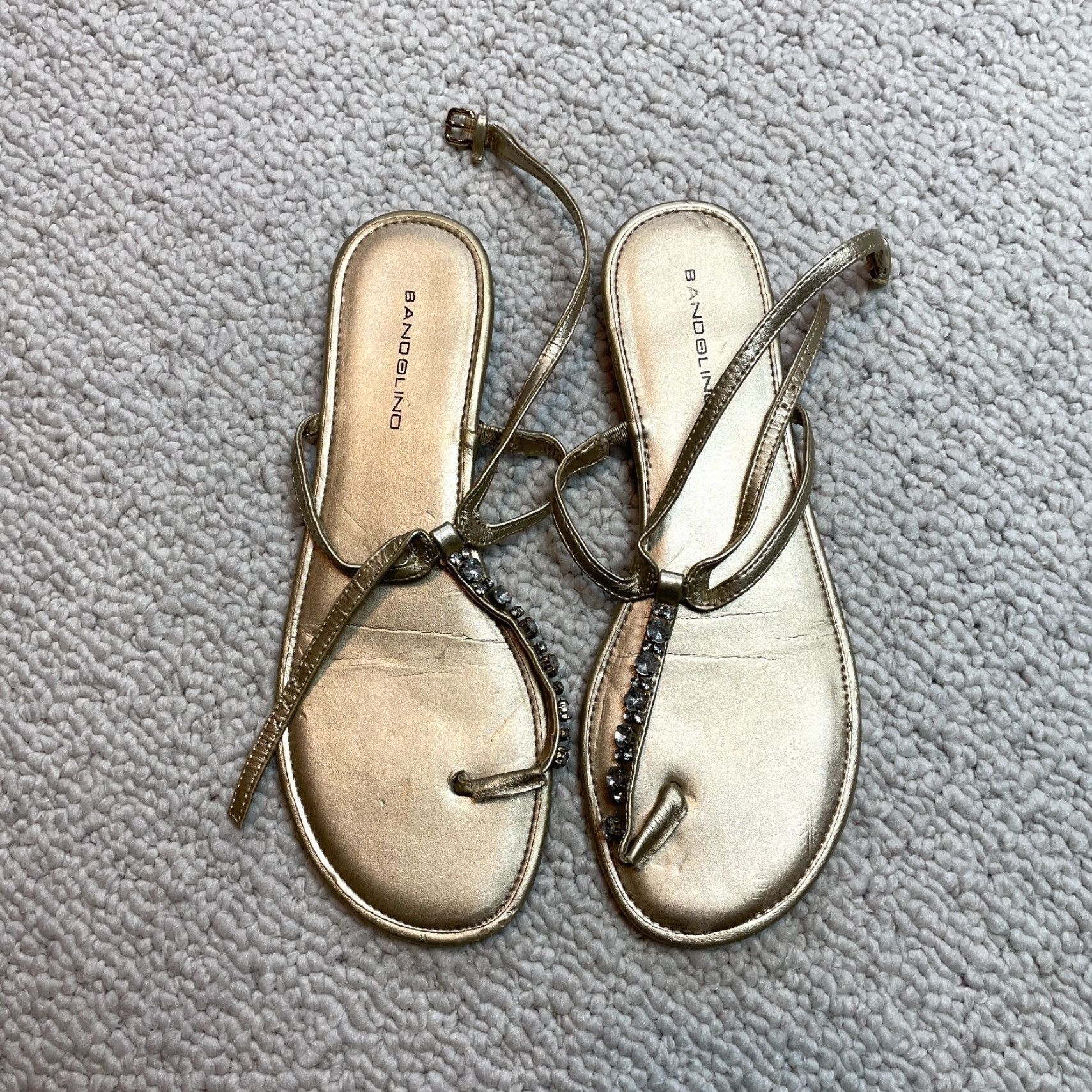 Vintage Bandolino Sandals Womens 8.5 Gold Flat Slingback Strappy Gem Straps Leather Size US 8.5 / IT 38.5 - 3 Thumbnail