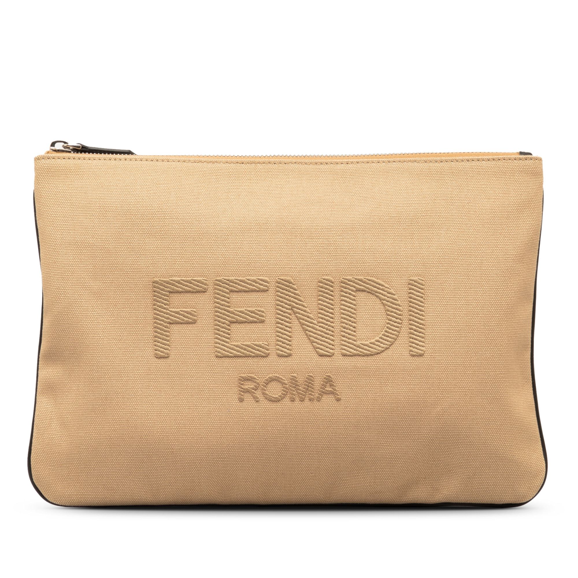 image of Fendi Canvas Roma Clutch in Brown, Women's