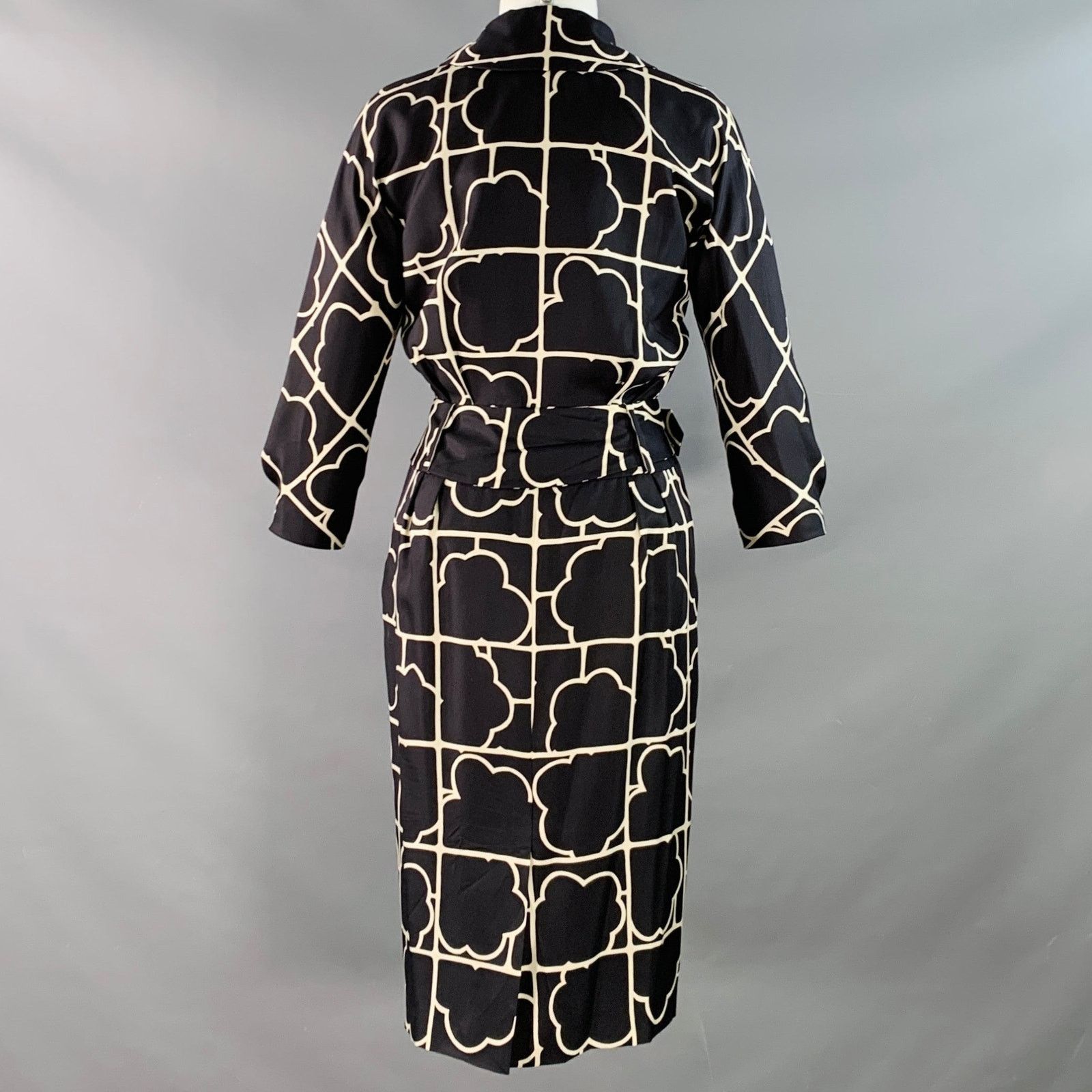 Barneys New York Size 4 Navy White Silk Twill Geometric Belted Shirt Dress Size S / US 4 / IT 40 - 4 Thumbnail