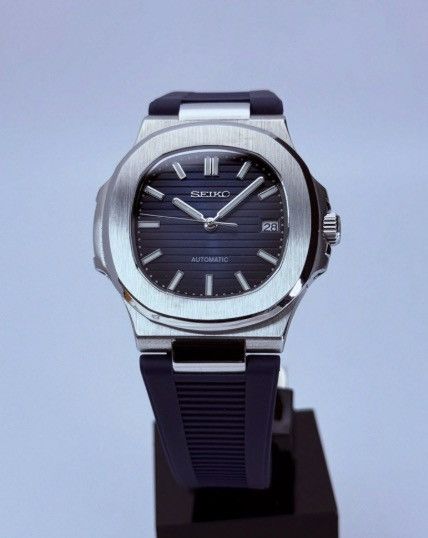Japanese Brand Seiko Mod Nautilus Navy Dial Steel Watch Rubber Strap 41mm Size ONE SIZE - 1 Thumbnail