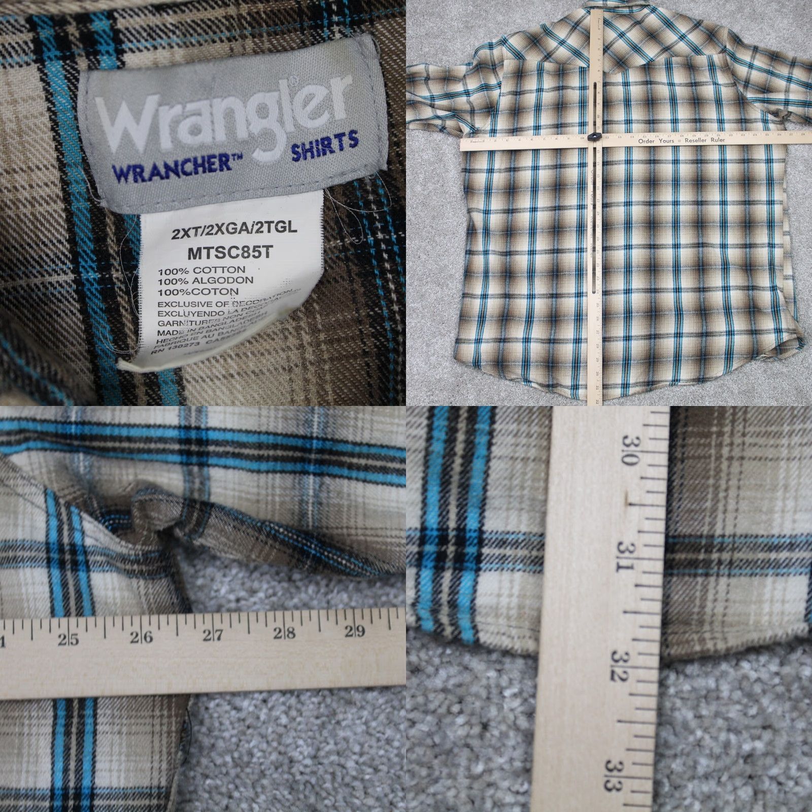 Wrangler Wrangler Wrancher Shirt Men 2XL Plaid Cotton L/S Button-Up Beige Blue Pearl Snap Western Shirt Mens 2XL Plaid Cotton Western Wrangler Wrancher Size US XXL / EU 58 / 5 - 8 Thumbnail