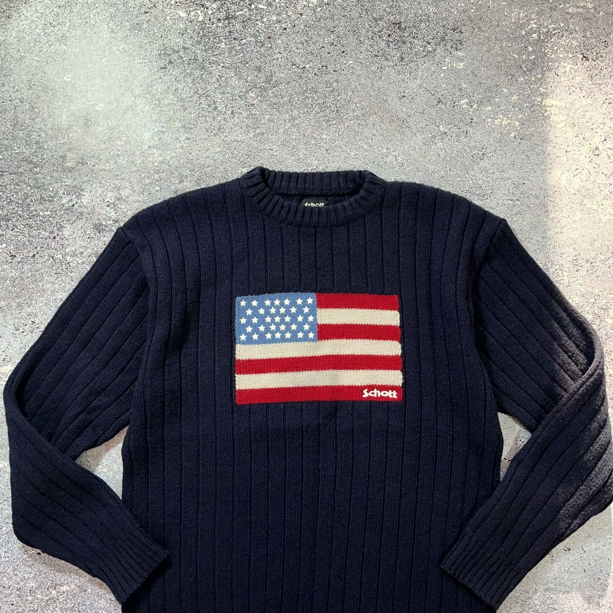 Schott × Vintage 90’s Schott N.Y.C. Big Logo American Flag Knit Sweaters Size US XL / EU 56 / 4 - 4 Thumbnail