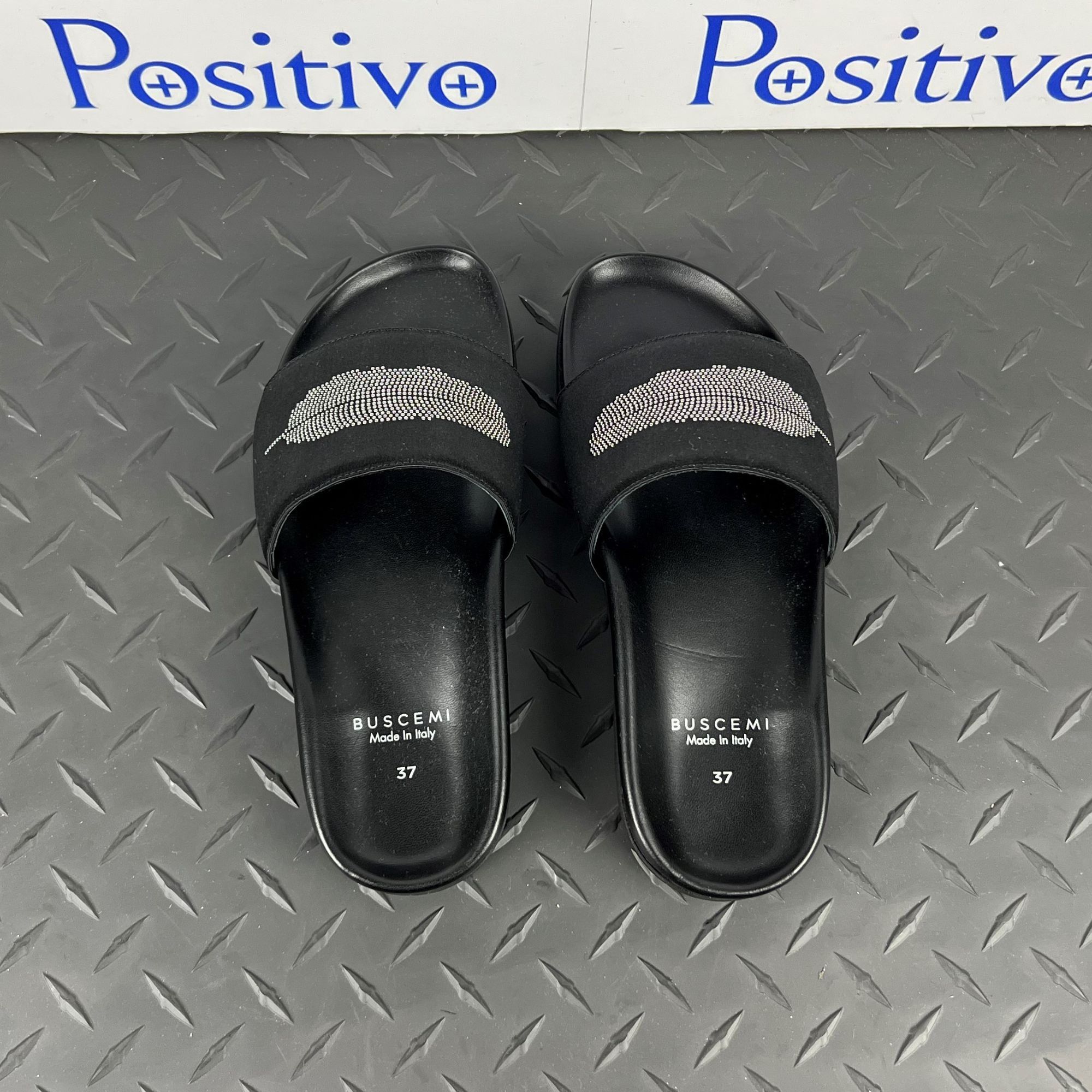 Buscemi Slide Satin Black Leather Sandals US 7 EU 37