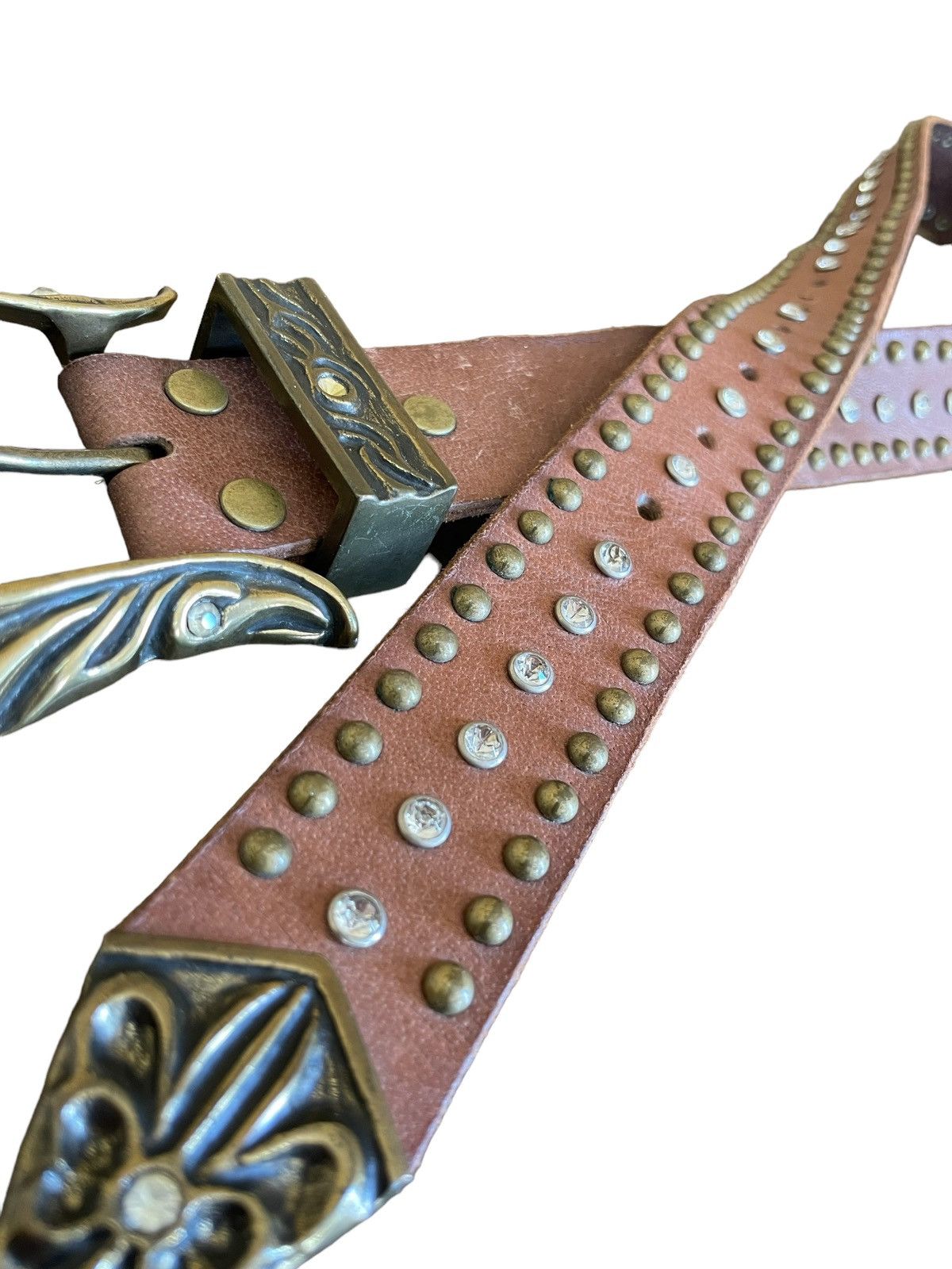 Affliction × If Six Was Nine × Le Grande Bleu (L.G.B.) Vintage Bianro Dagger Rhinestones Studded Brass Leather Belt Size ONE SIZE - 7 Thumbnail