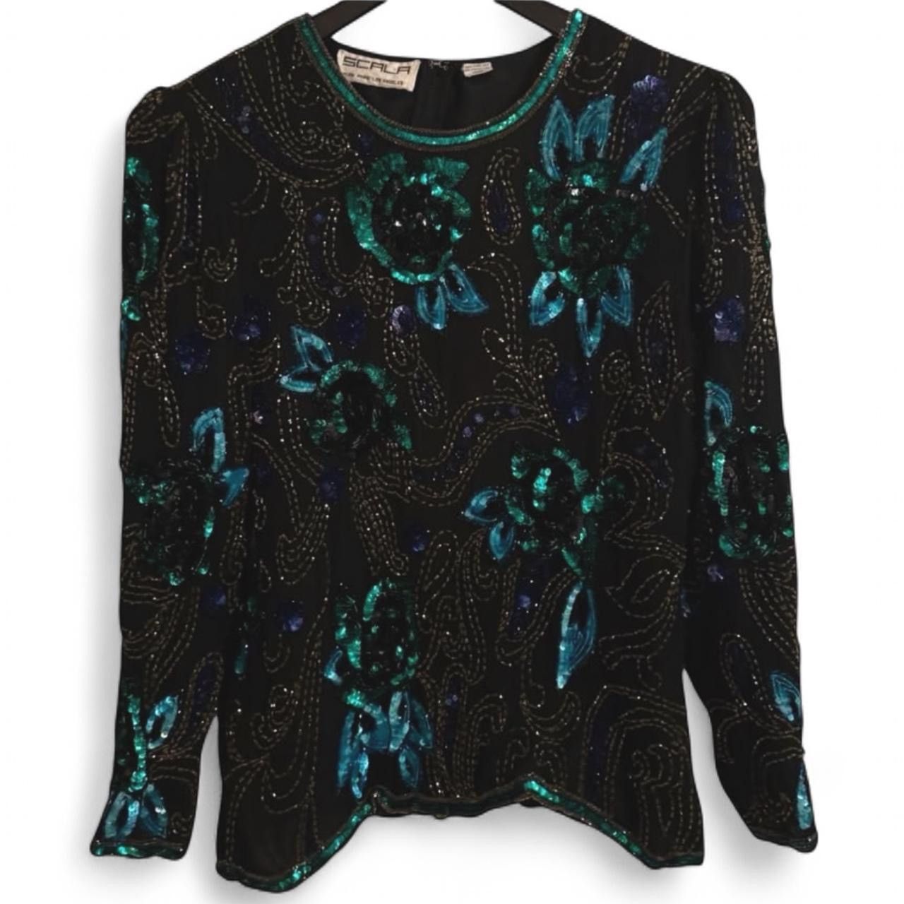 Other SCALA 80s Black Teal Silk Beads Sequins Floral Formal Blouse Size XL / US 12-14 / IT 48-50 - 1 Thumbnail