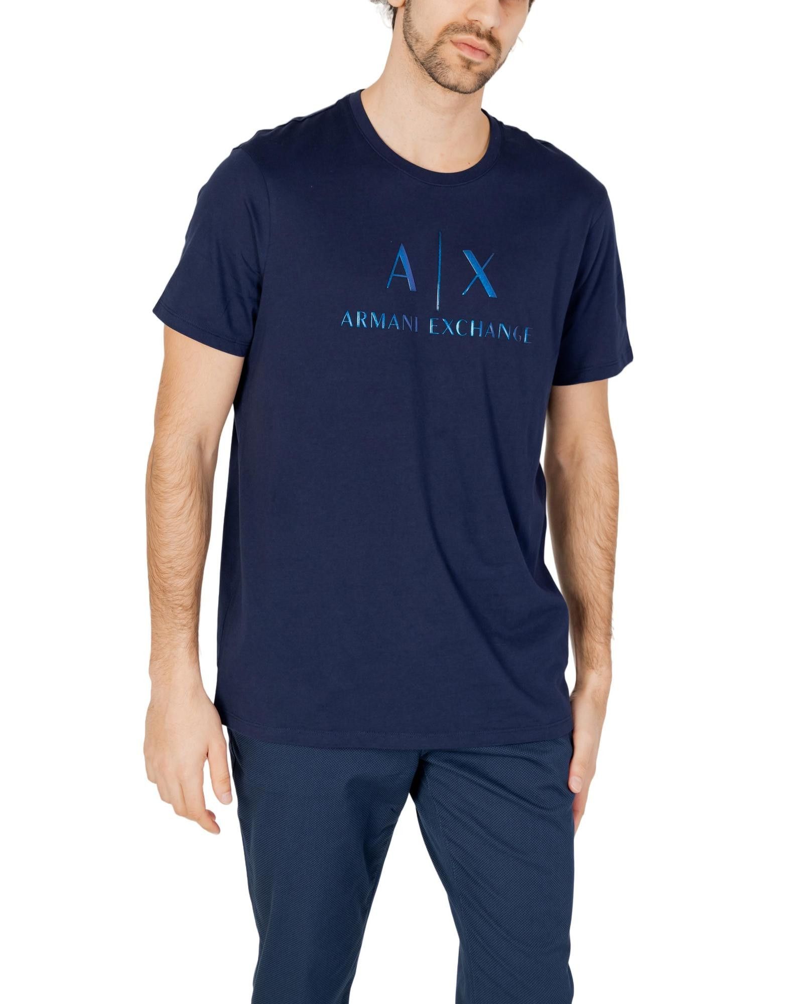 image of Armani Exchange Printed Round Neck Cotton T-Shirt in Blue, Men's (Size Small)