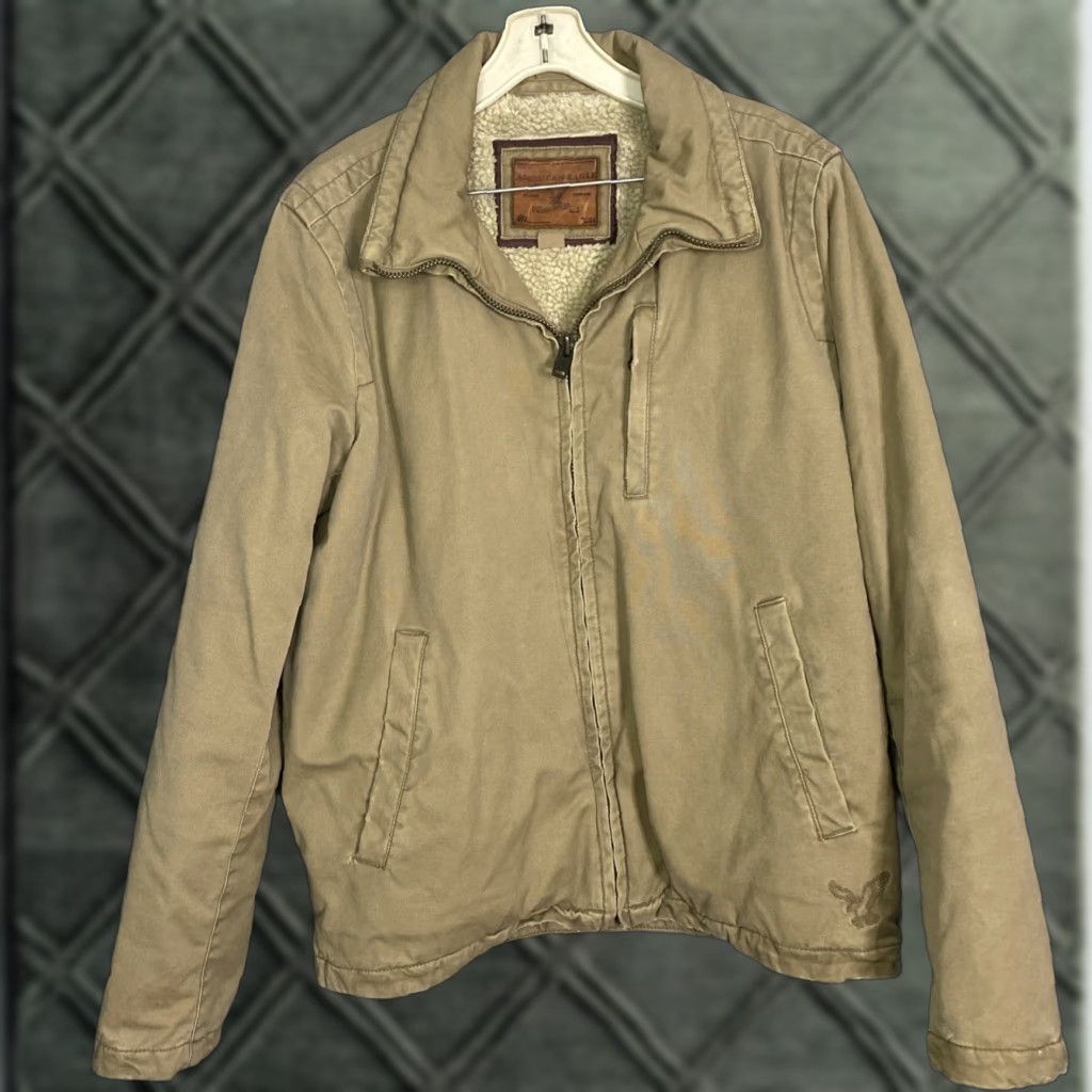 VINTAGE American Eagle Jacket Canvas Chore Coat Tan Sherpa Lined Mens Zip Up L 25x29 Jacket/Coat Short Solid Brown 90s Work Casual