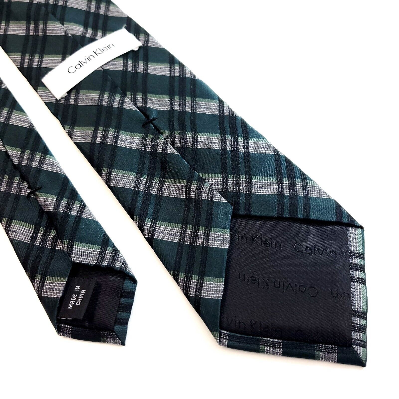 Calvin Klein Calvin Klein Green Gray Plaid Woven Viscose Silk Tie Size ONE SIZE - 5 Thumbnail