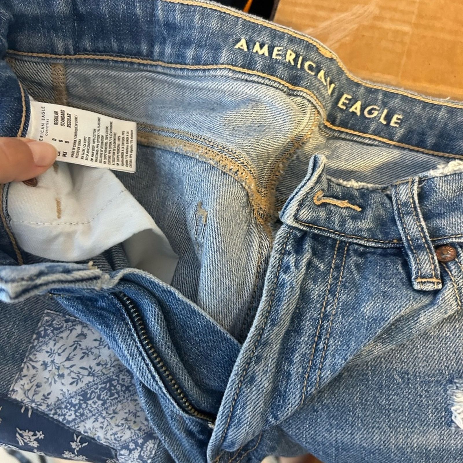 American Eagle Outfitters American Eagle Distressed Blue Patchwork Mom Straight Jeans Size 24" / US 00 / IT 34 - 3 Thumbnail