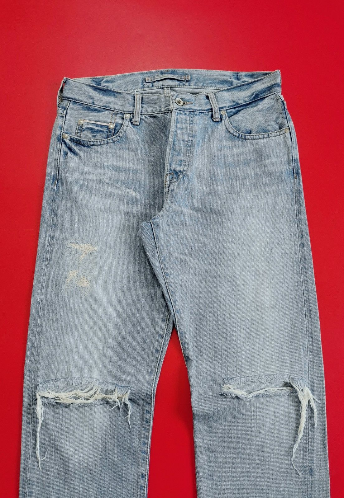 GOA GOA Selvedge Straight Leg Distressed Light Wash Jeans Size US 31 - 7 Thumbnail