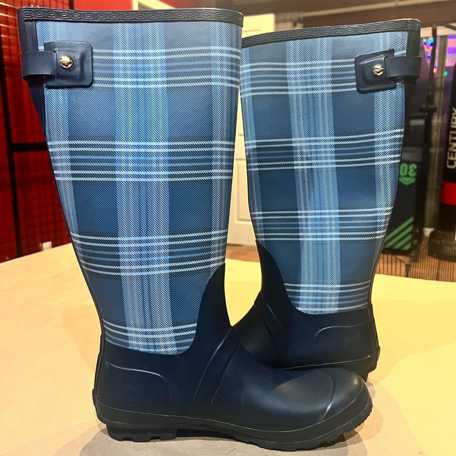 Tommy Hilfiger Tommy Hilfiger Malya2 Knee-High Rain Boots Plaid Blue Sz 10 Size US 10 / IT 40 - 1 Thumbnail