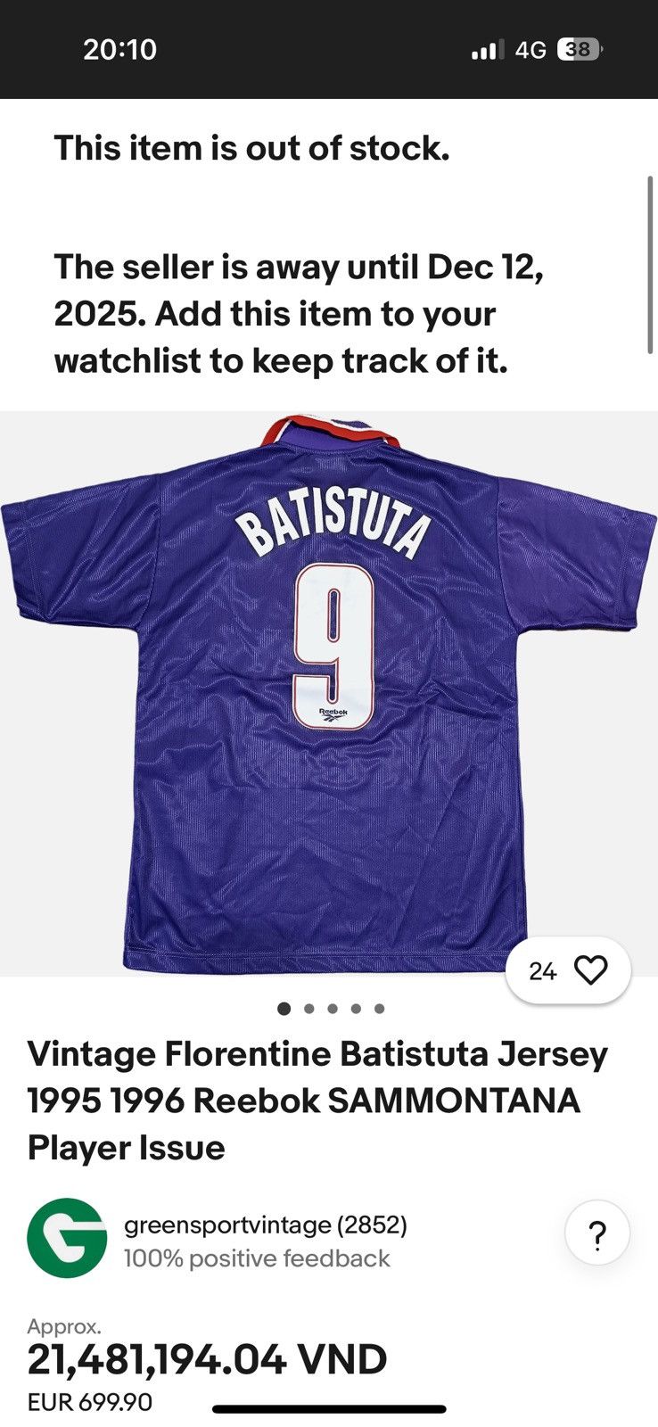 Vintage 🔥 Fiorentina 1995/96 – Reebok Sammontana–Batistuta #9 jersey Size US L / EU 52-54 / 3 - 10 Thumbnail