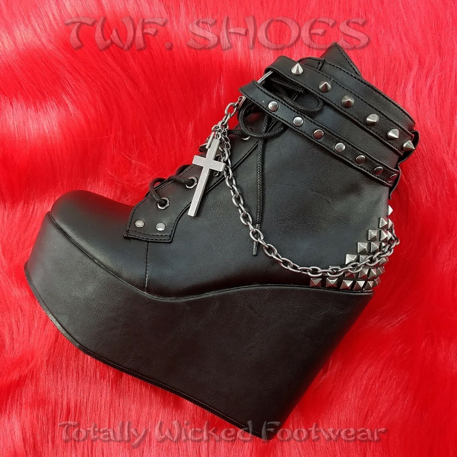 Other DEMONIA Poison 101 Charm Chain 5" Wedge Heel Goth Ankle Boot Size US 8 / IT 38 - 1 Thumbnail