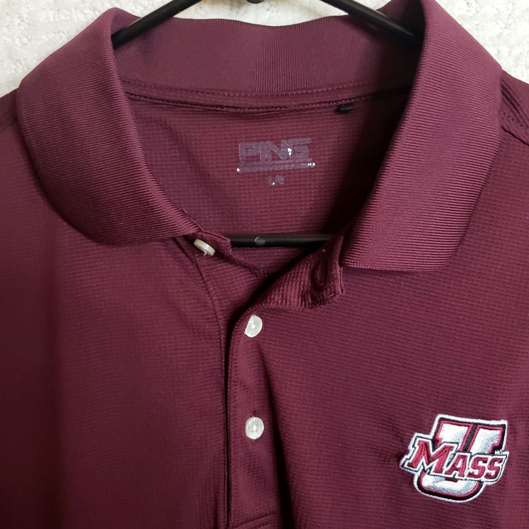Vintage Ping Sensor Cool Polo Golf Shirt L Men Garnet Maroon U MASS Logo on Chest Short Sleeve Polyester Spandex Breathable Quick Dry Golf Size US L / EU 52-54 / 3 - 5 Thumbnail