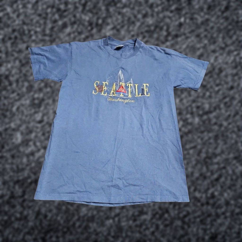 Anvil VINTAGE Anvil T-Shirt Shirt Mens L Blue Embroidered Logo 90s Seattle Washington Crew Neck Short Sleeve Distressed Size US L / EU 52-54 / 3 - 1 Thumbnail