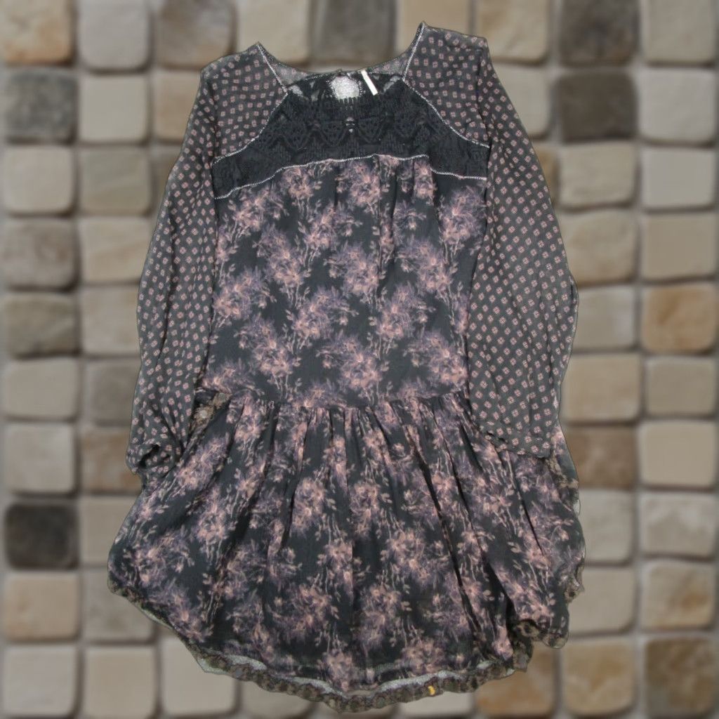 Free People VINTAGE Free People Dress Womens XS Purple Black Floral Blouson Short Sleeve Square Neck Button Casual Party Summer Women Size XS / US 0-2 / IT 36-38 - 1 Thumbnail