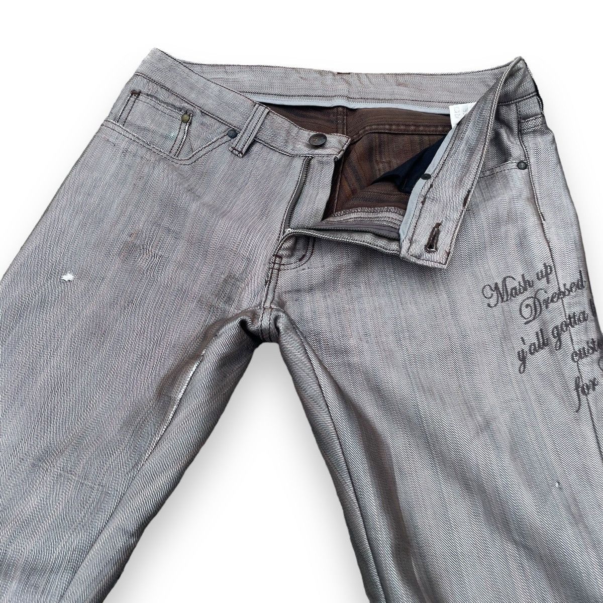 If Six Was Nine × Japanese Brand × Le Grande Bleu (L.G.B.) CUSTOM CULTURE EMBROIDERED PUNK WORDING FLARE DENIM PANTS Size US 31 - 11 Thumbnail