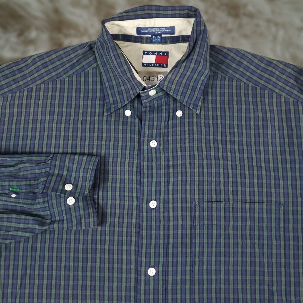Tommy Hilfiger Tommy Hilfiger Dress Shirt Mens 15.5 Green Purple Plaid Long Sleeve Button Up Casual Business Size 40R - 1 Thumbnail